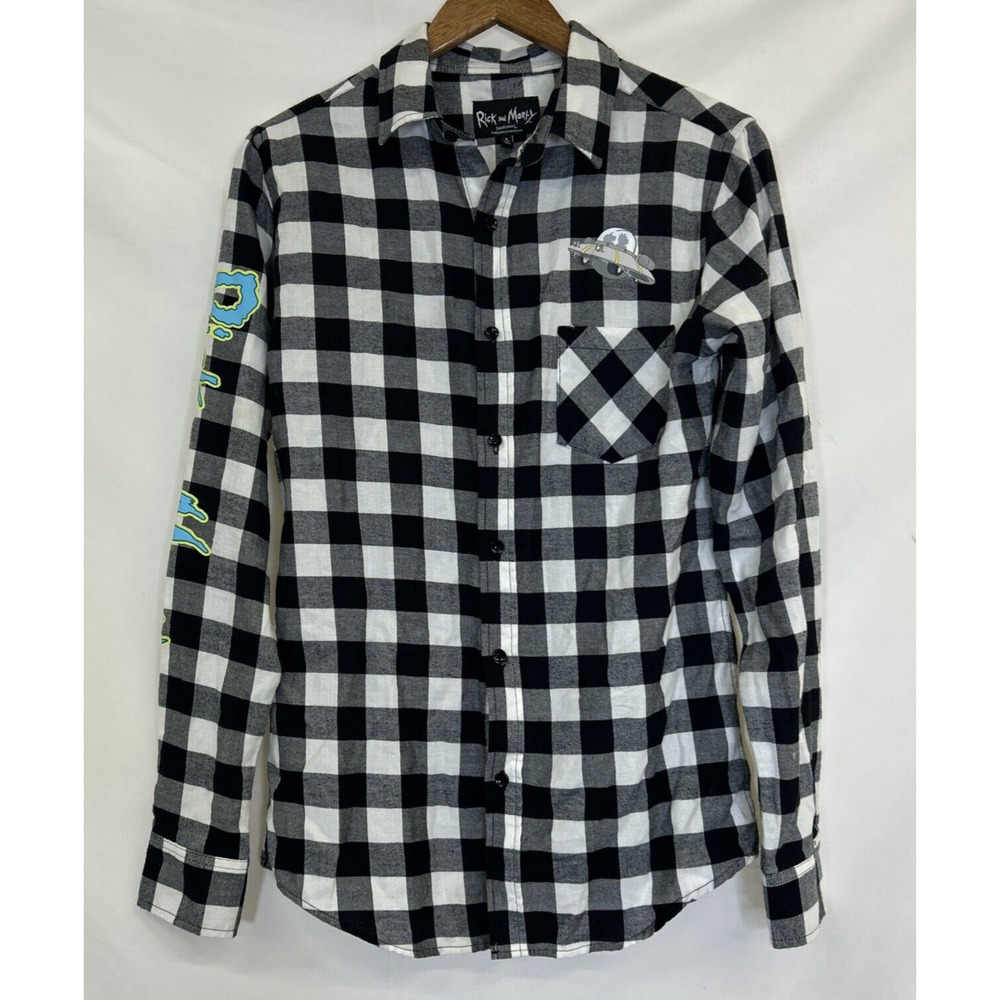 NWT Rick And & Morty Button Up Flannel Shirt Small Black & White Checked Charity